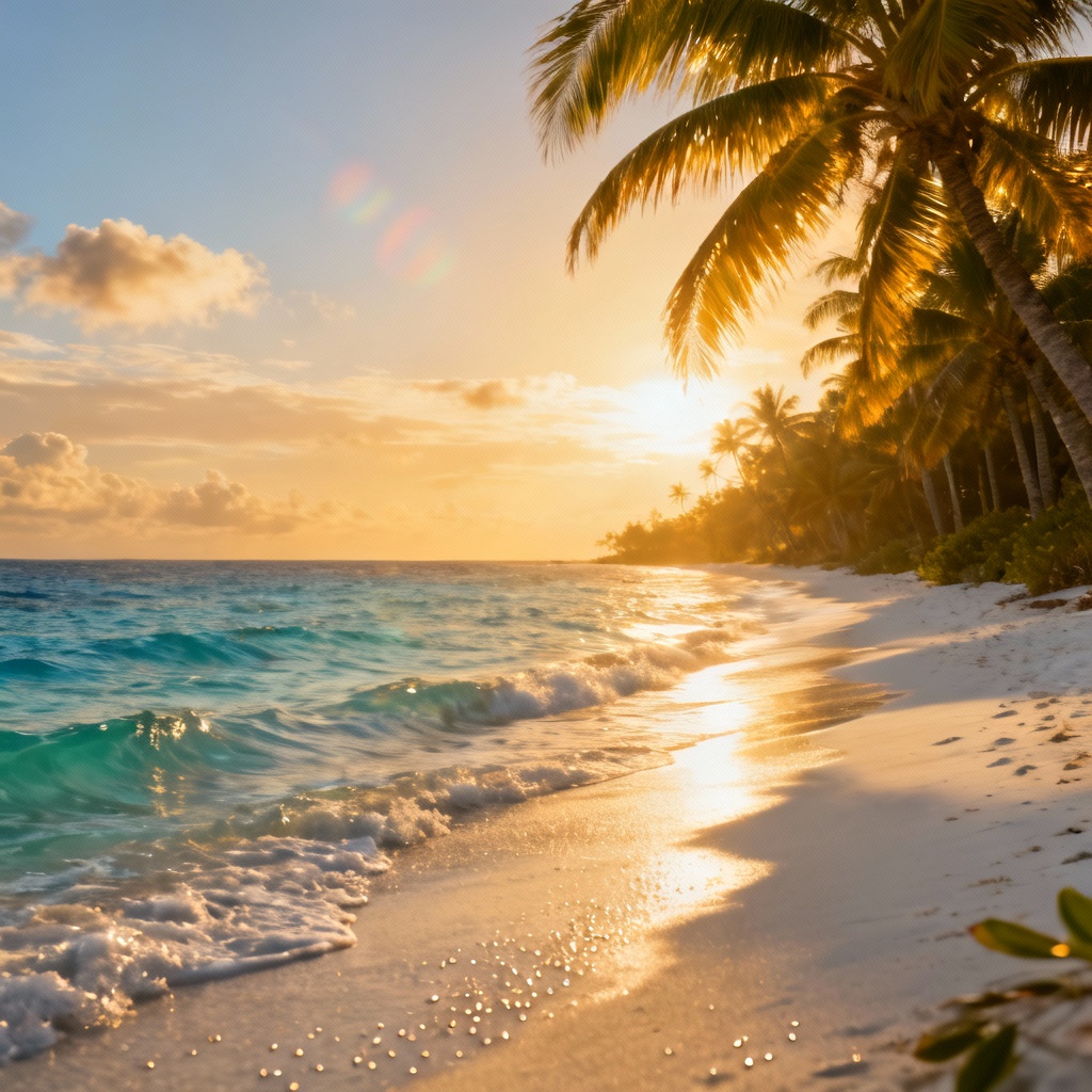 AI-generated tropical beach at golden hour with palm trees and turquoise water
