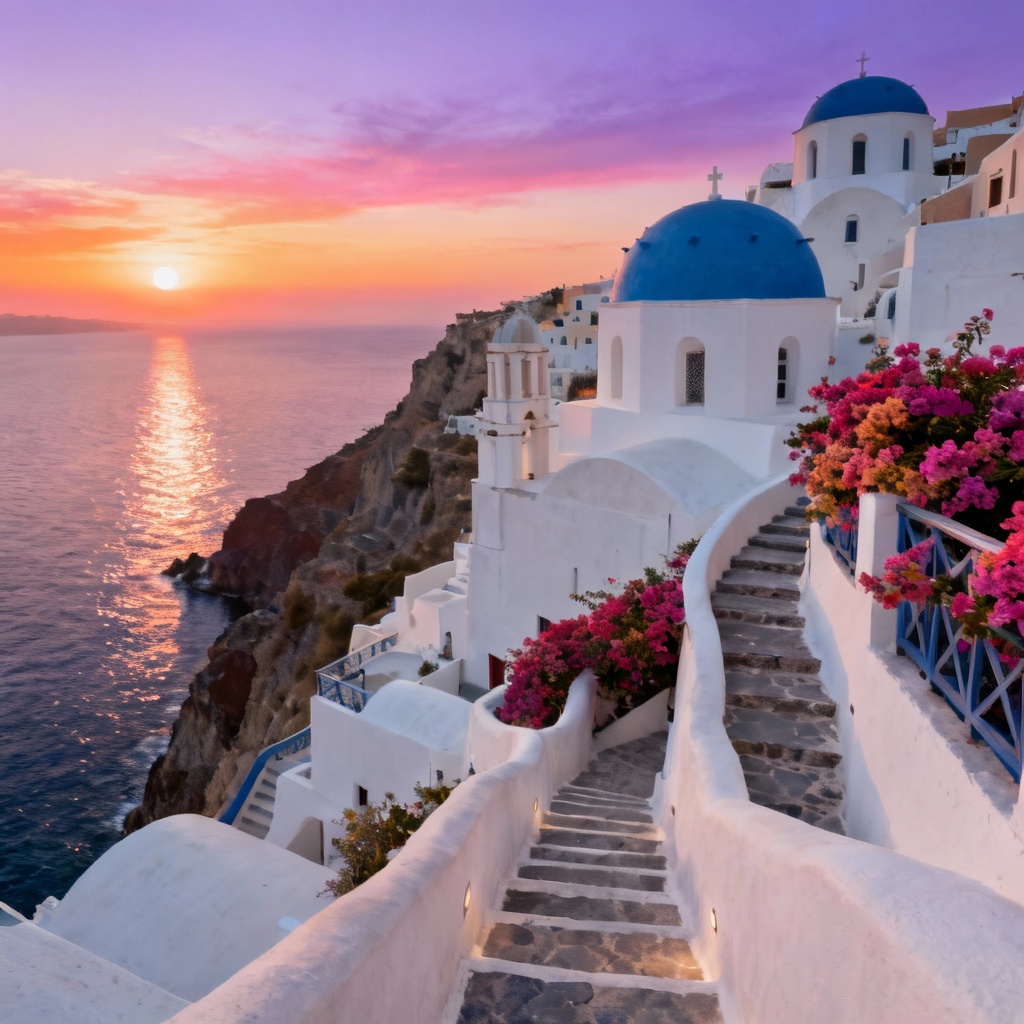 AI travel scene of Santorini cliffside blue domes
