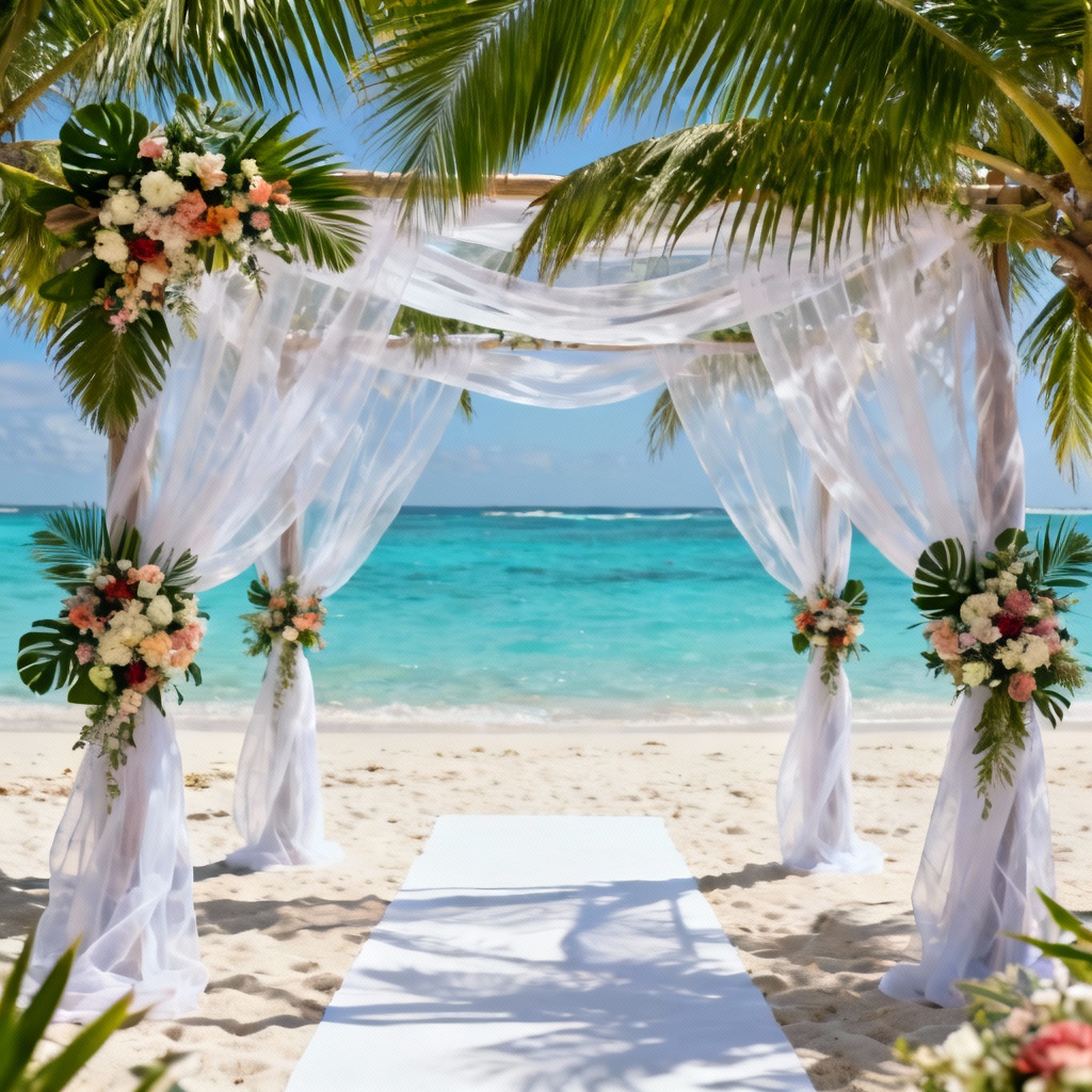 AI tropical beach wedding background with palm canopy