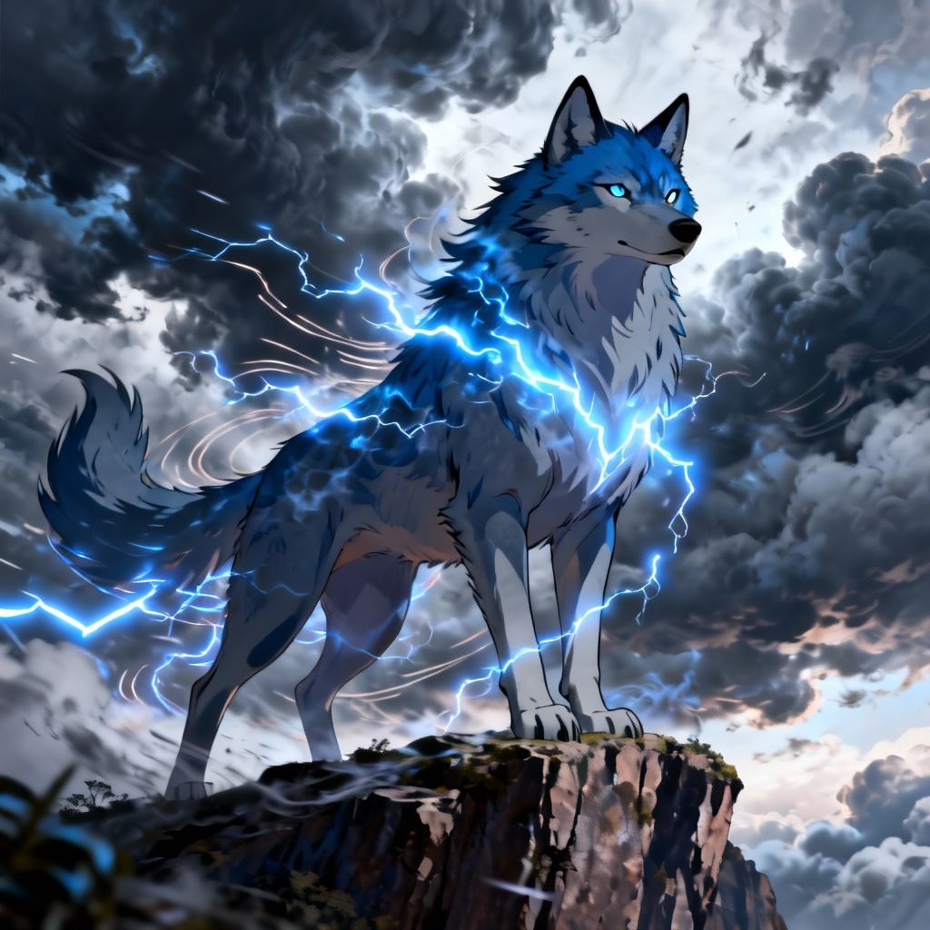 Anime storm wolf spirit standing on a cliff with lightning