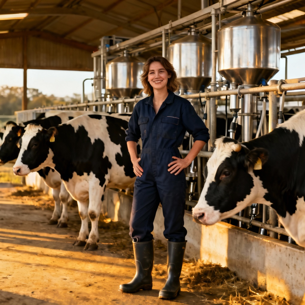 Realistic female dairy farmer with Holstein cows