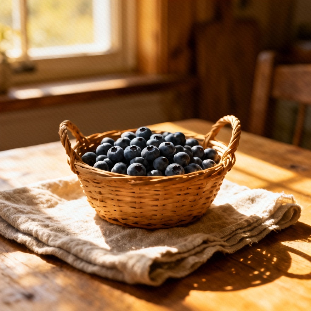 AI rustic scene with blueberries in a wicker basket