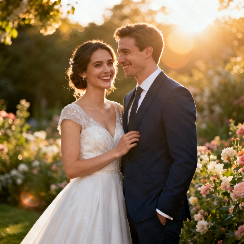 AI prewedding couple at golden hour in a garden with soft bokeh