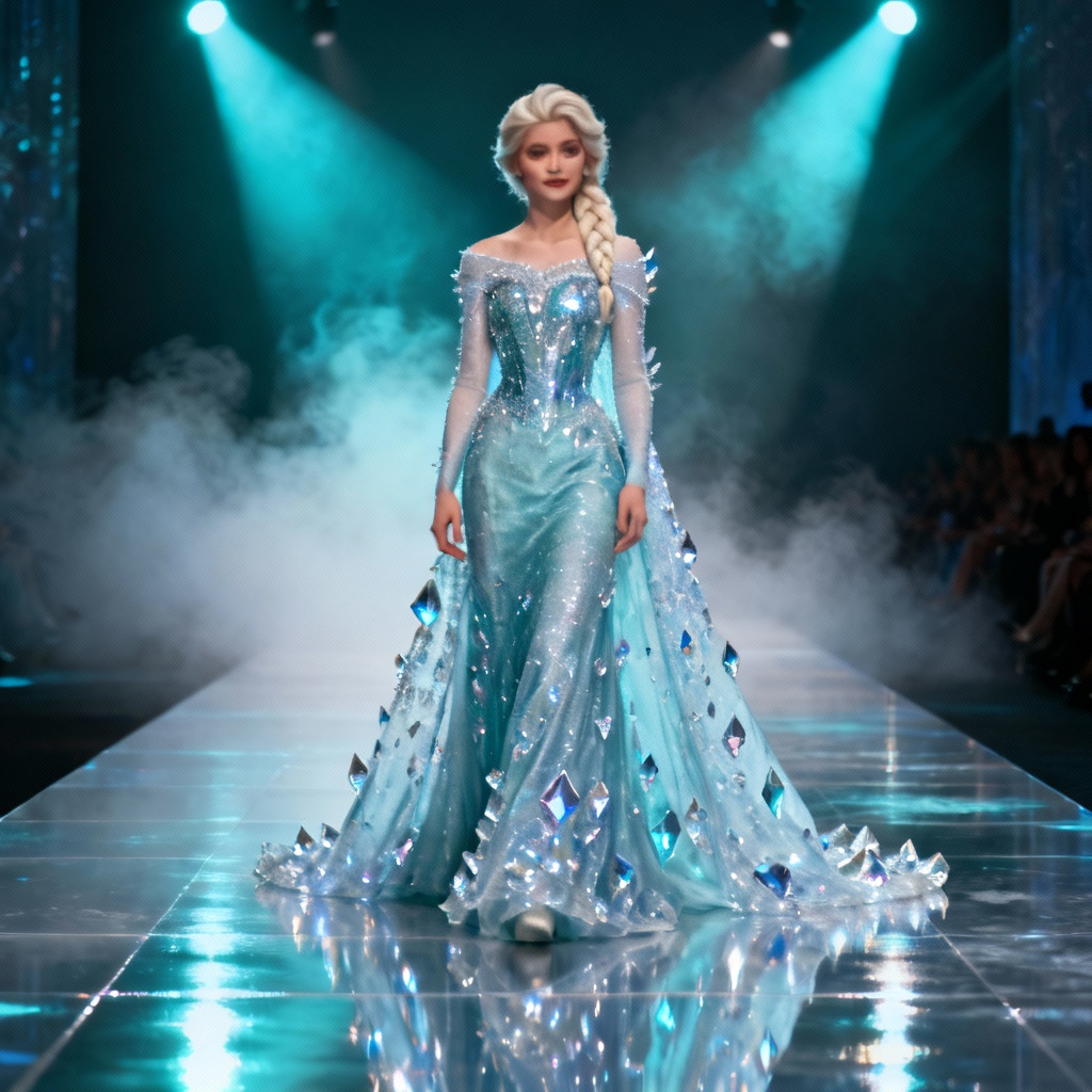 AI Elsa-style fashion runway ice gown look