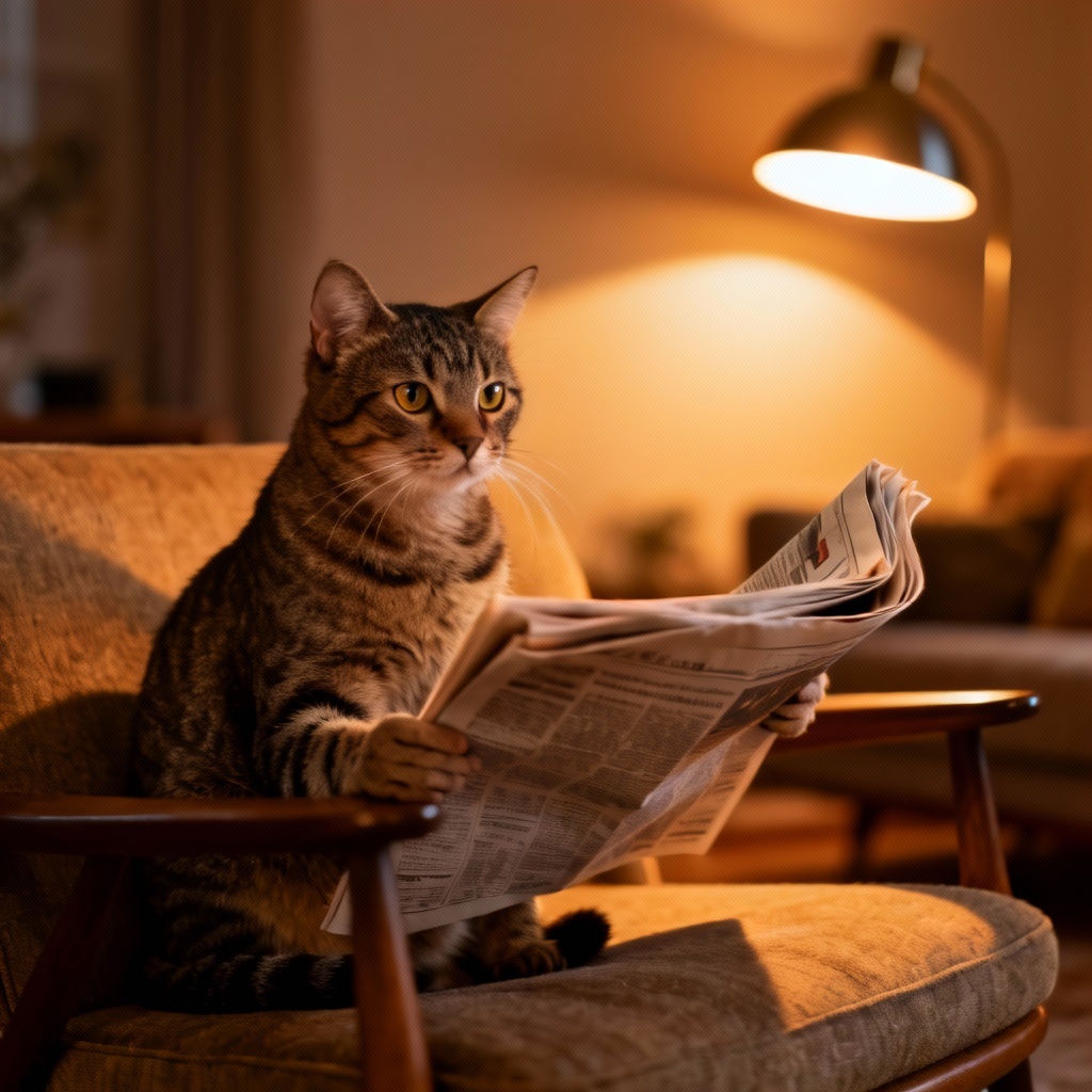 Tabby cat holding a folded newspaper on a couch