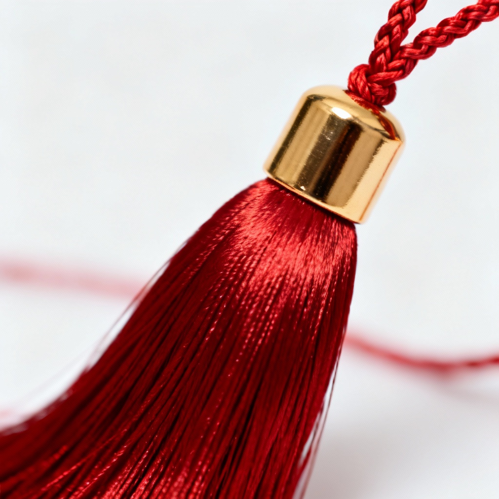 Macro photo of silk red tassel with gold cap on clean background
