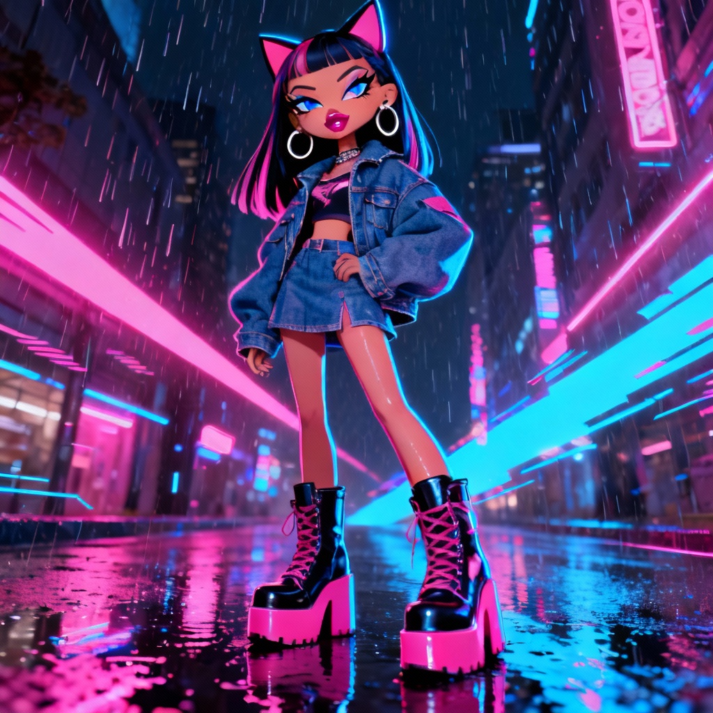 AI Bratz street fashion doll with neon city backdrop