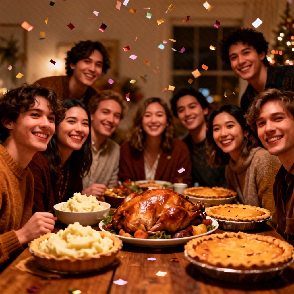 Group photo stylized with warm Friendsgiving lighting and cozy tones