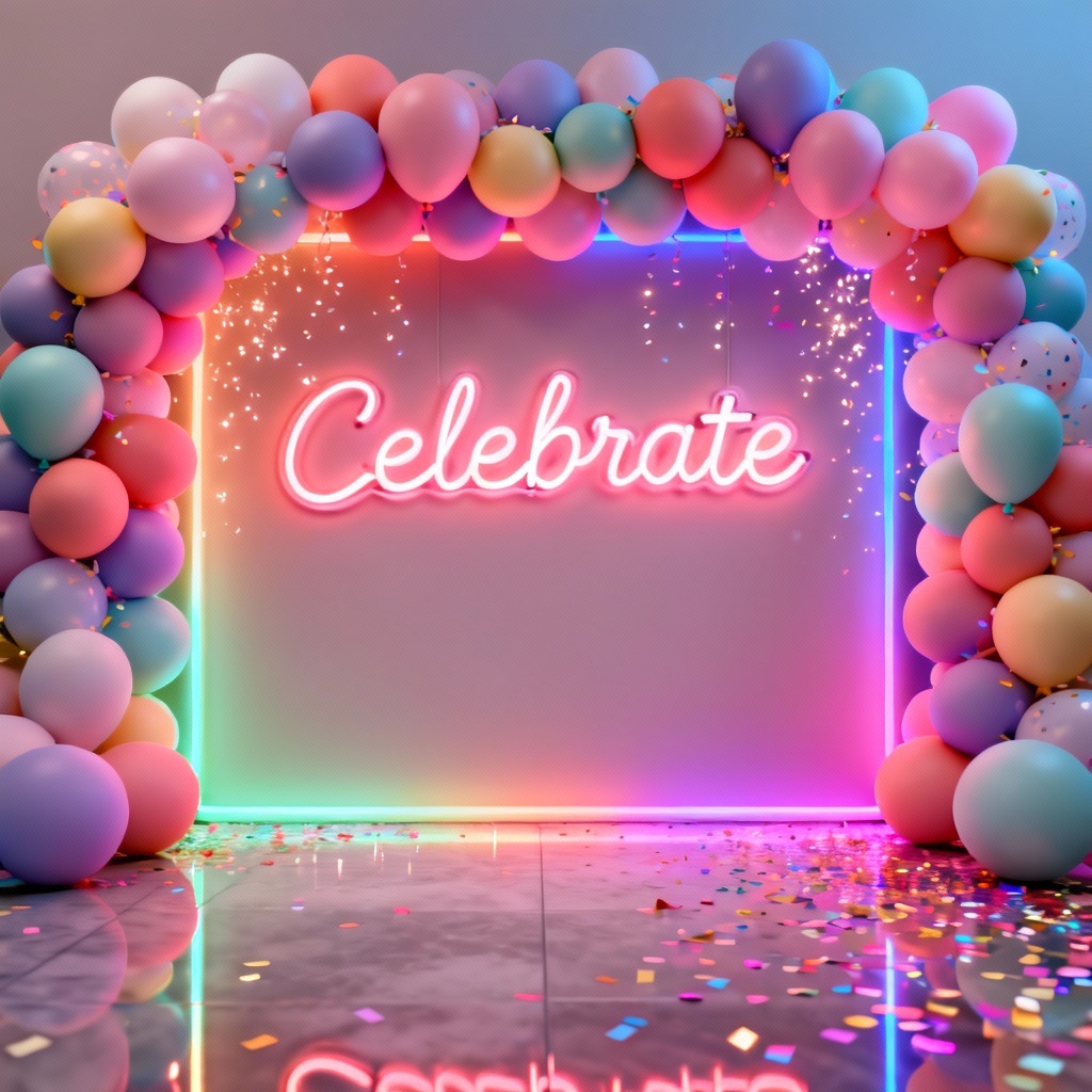 AI neon party backdrop with balloons and LED sign