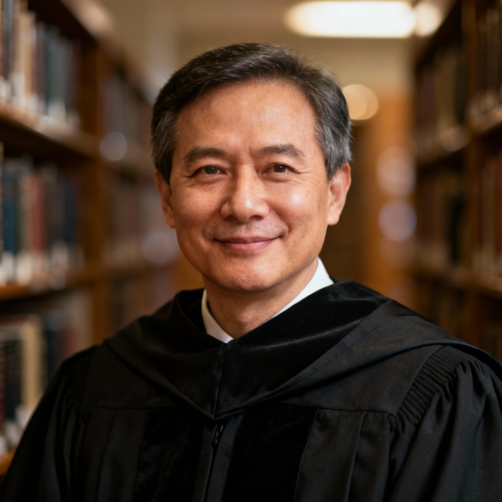 AI academic dean official portrait in gown with library bokeh