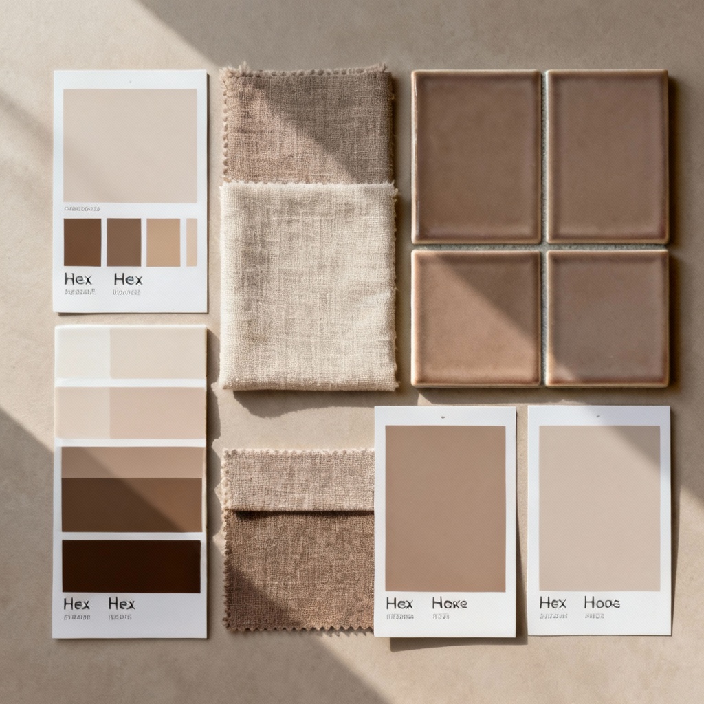 AI Taupe Color Palette Moodboard with hex codes and materials