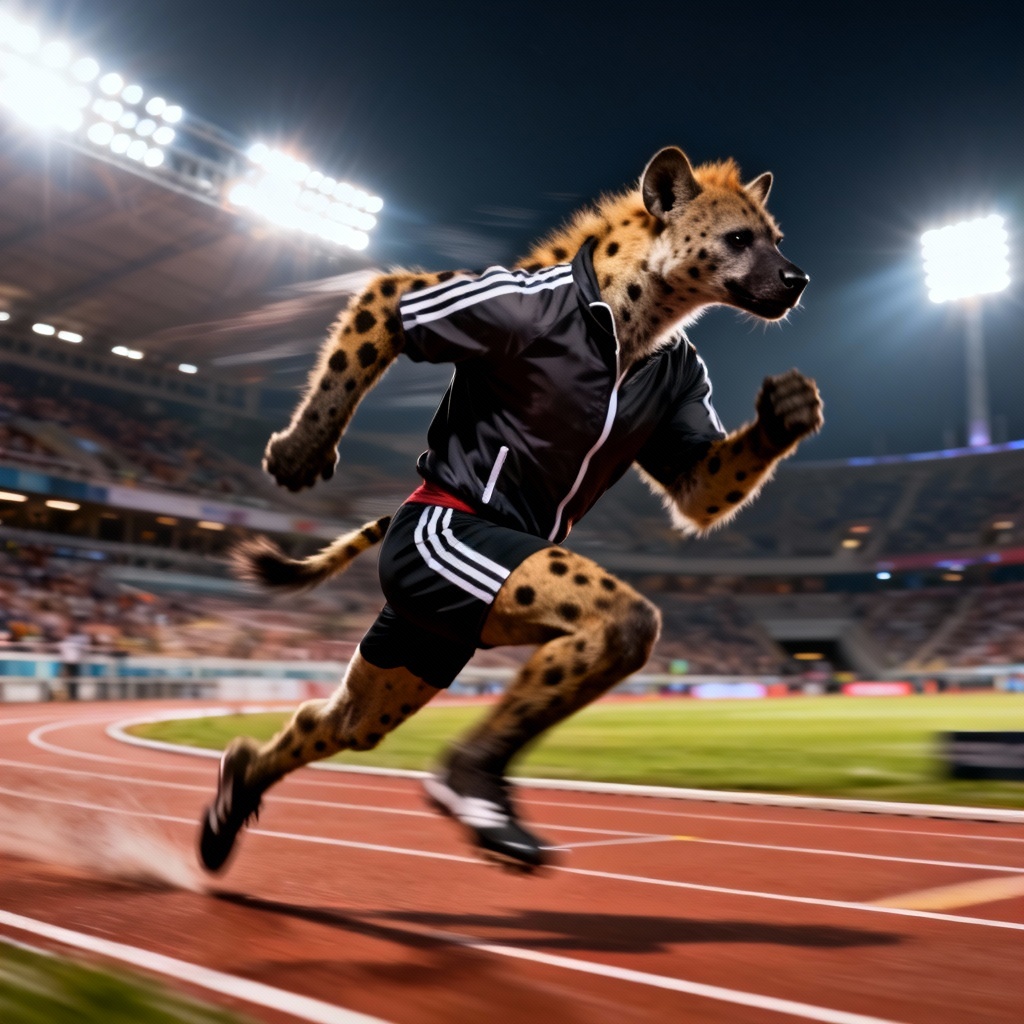 AI hyena athlete fursona running in a stadium