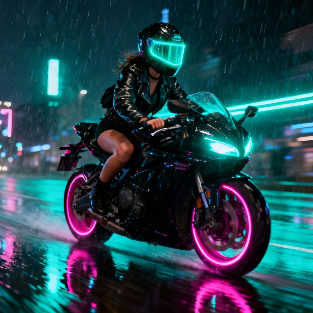 AI neon cyberpunk motorcycle girl on a sportbike at night