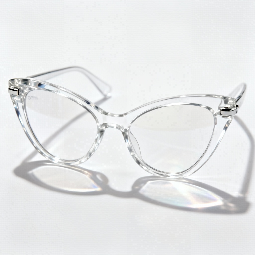 AI eyewear generator minimalist crystal cat-eye eyeglasses product shot
