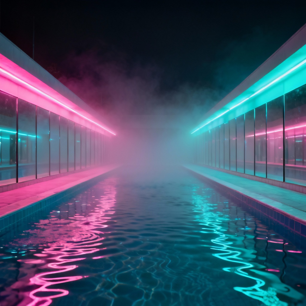 AI surreal neon liminal pool hallway