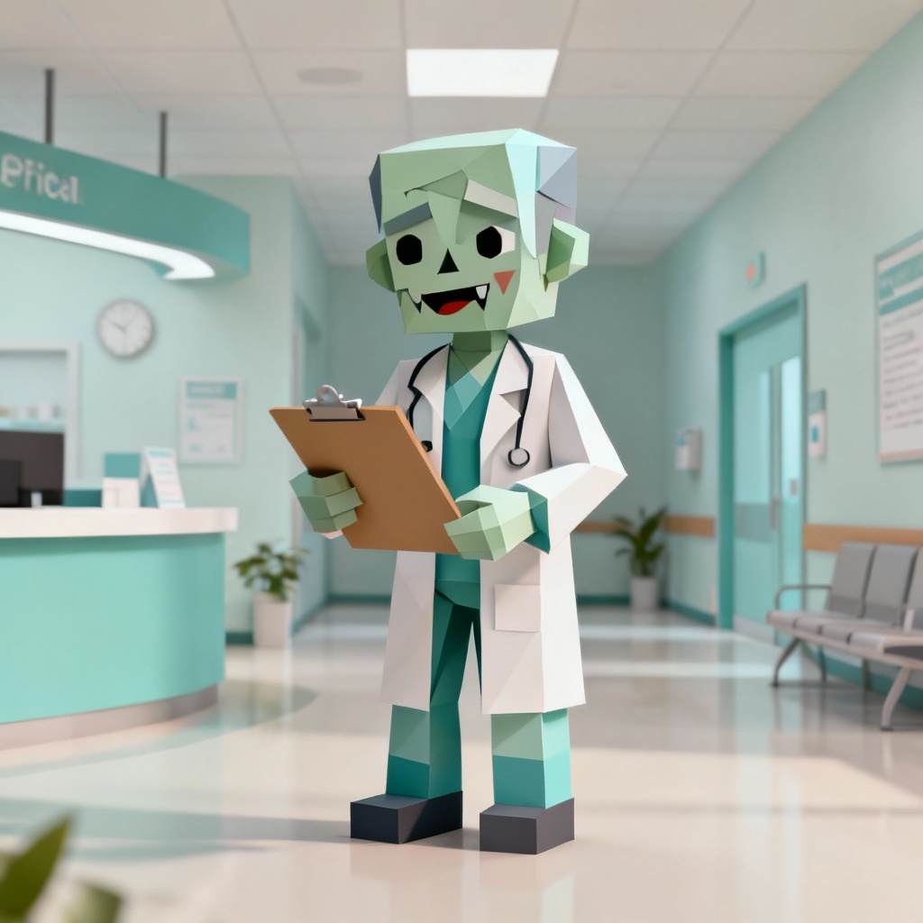 Low poly 3D zombie doctor with clipboard in hospital lobby