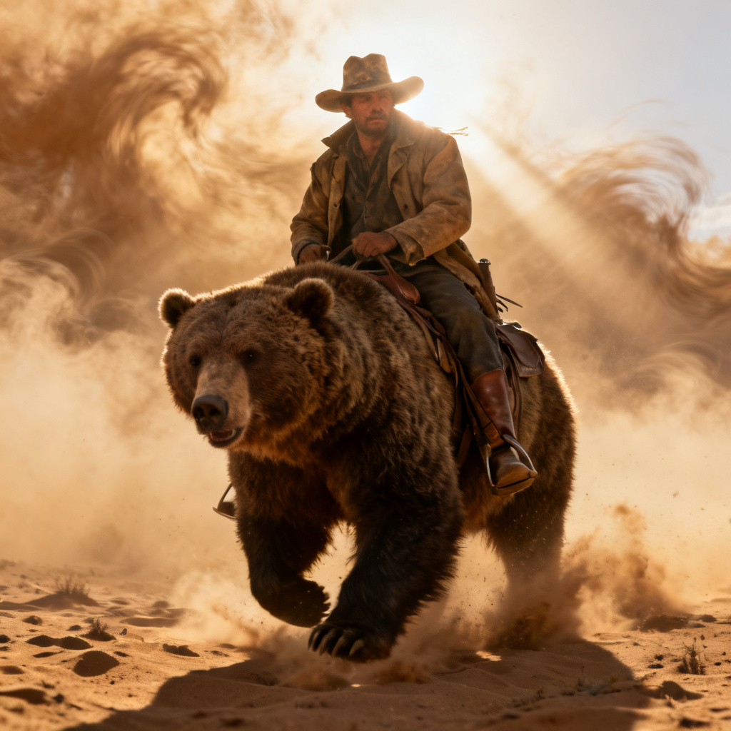 AI cowboy riding a grizzly bear in a dramatic dust storm
