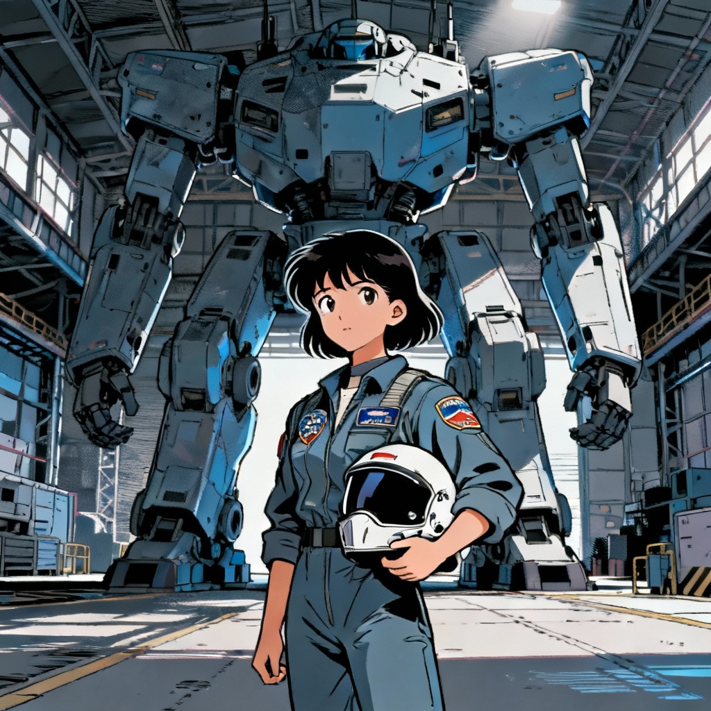 AI 90s anime girl mecha pilot in hangar