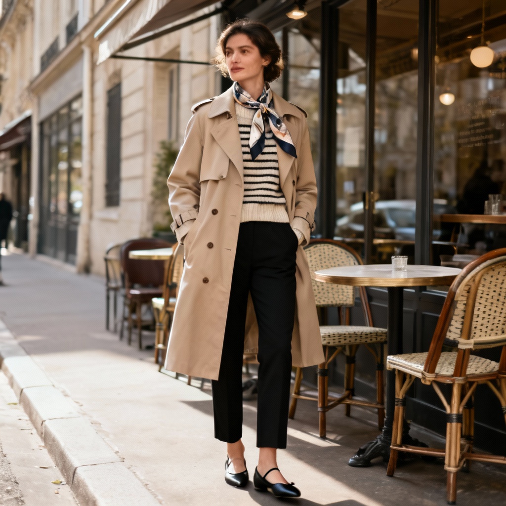 AI classic trench coat outfit with striped knit and scarf