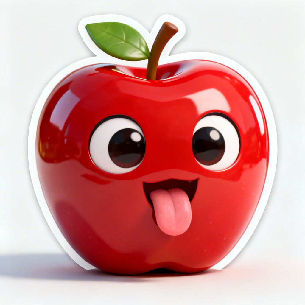 3D cartoon apple mascot with tongue out on white background