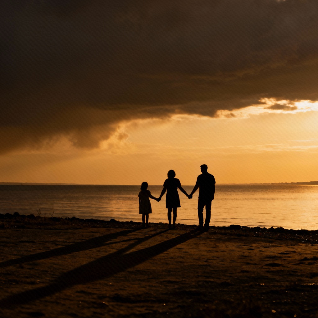 AI Family Silhouette at Beach Sunset