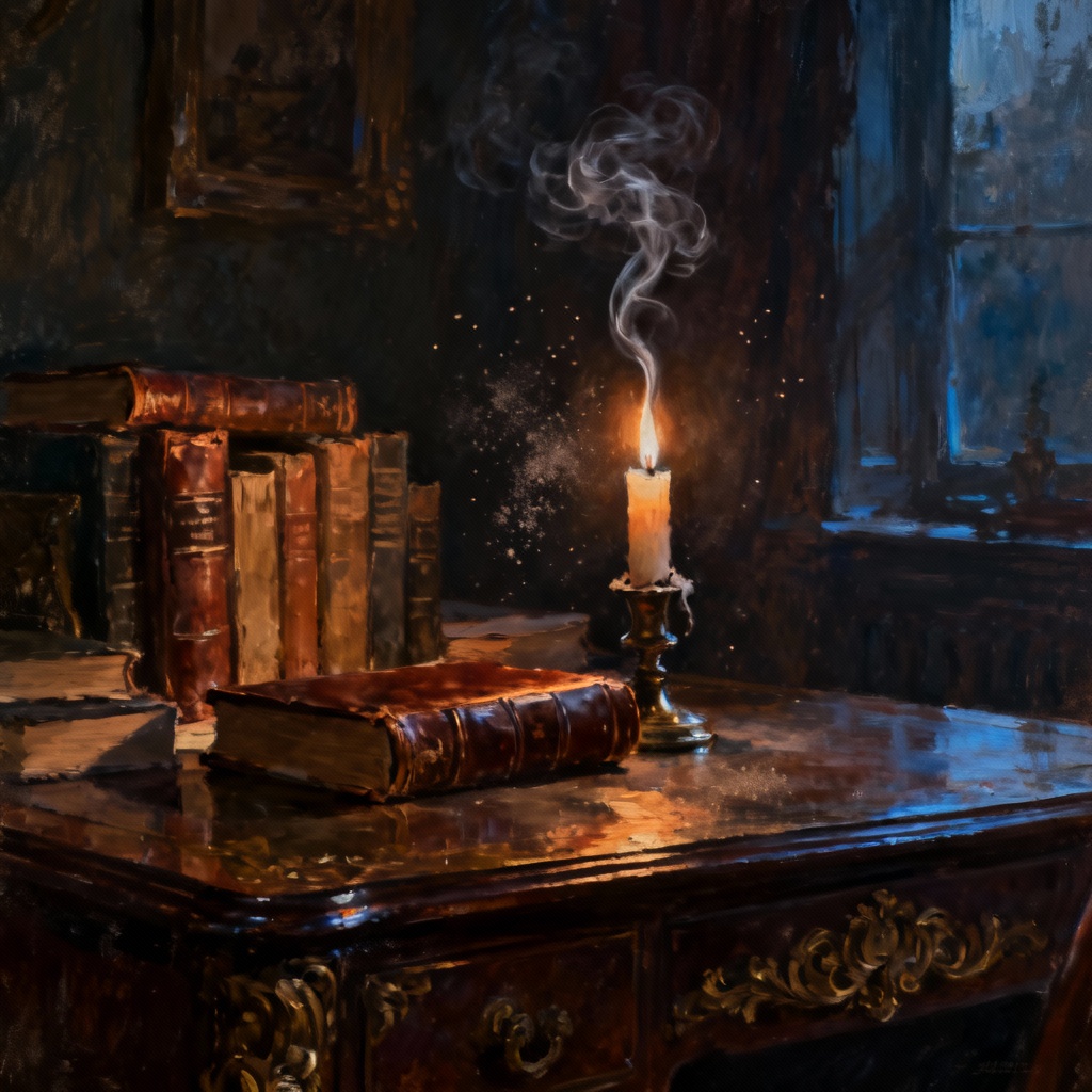 Victorian study with candlelight and moody ambience