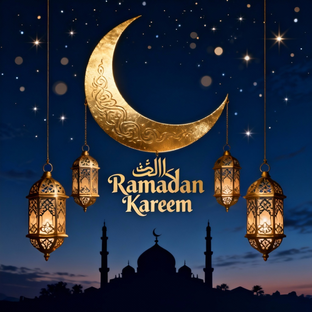 AI Ramadan Kareem card with gold crescent and lanterns
