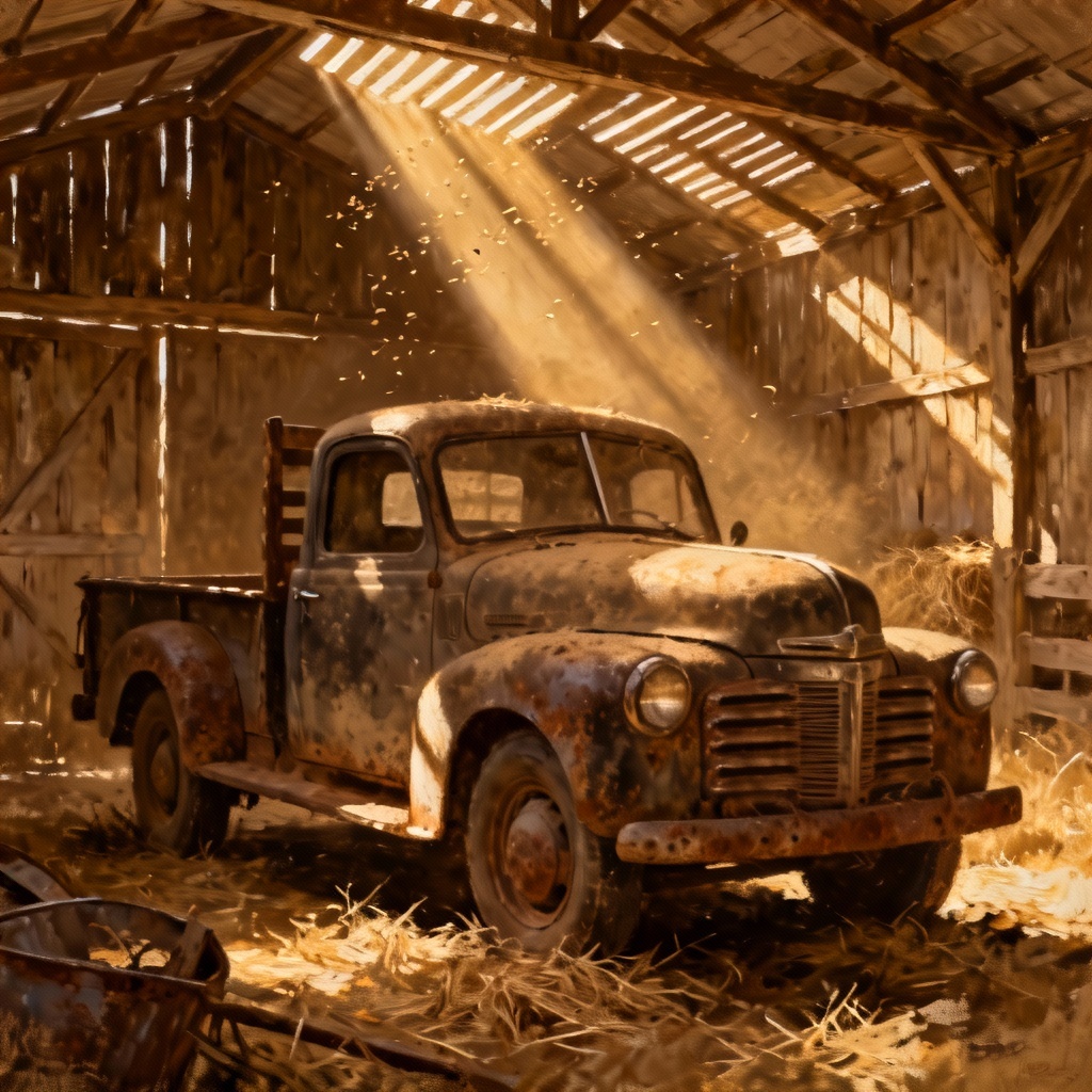 AI vintage pickup barn find oil painting
