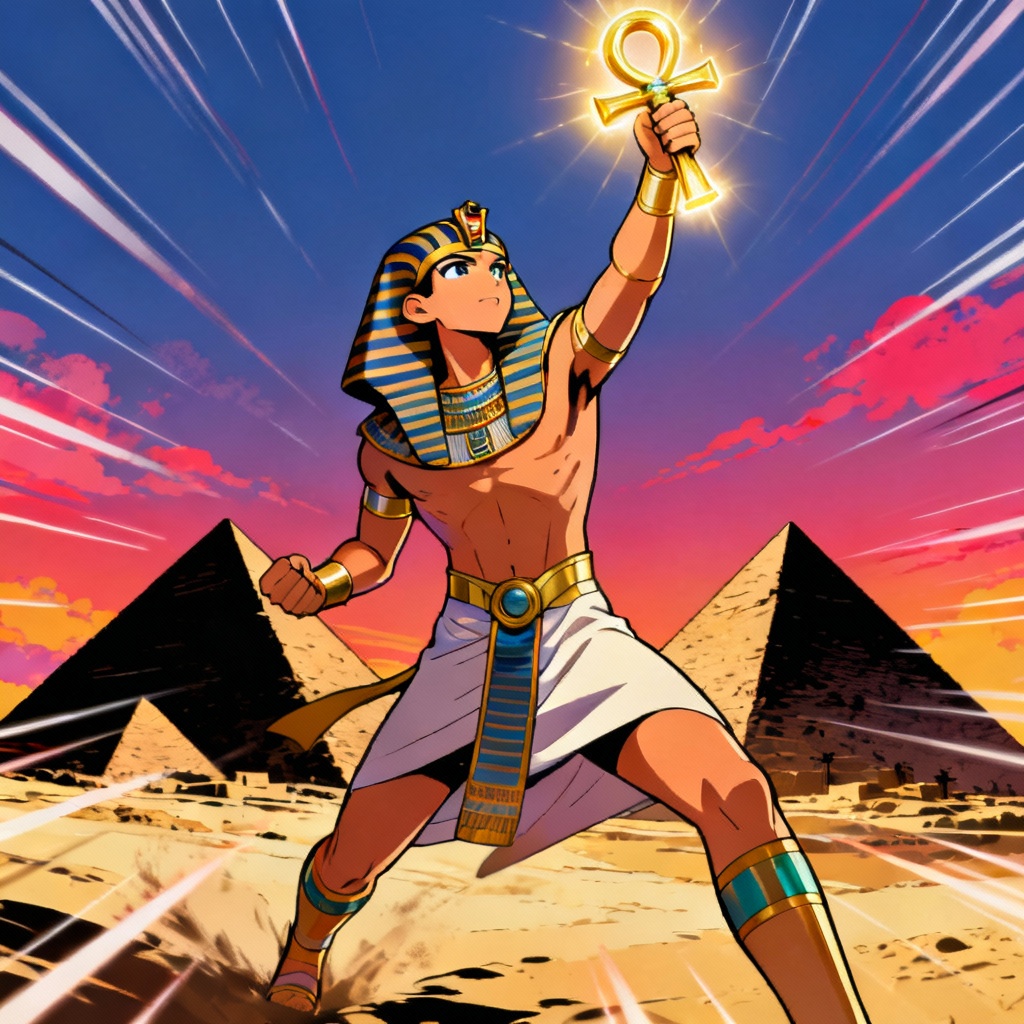 AI anime pharaoh hero with glowing ankh