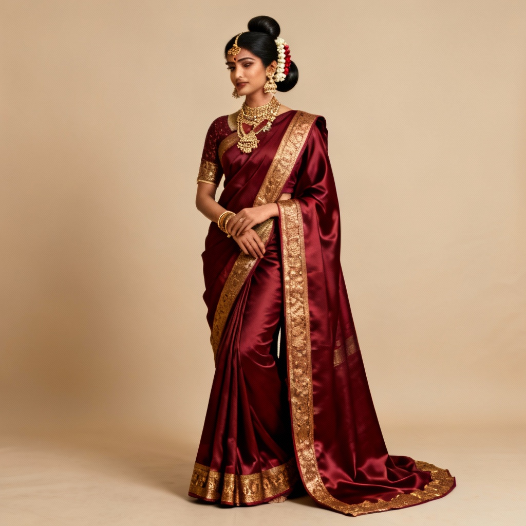 AI bridal maroon silk saree with antique gold border