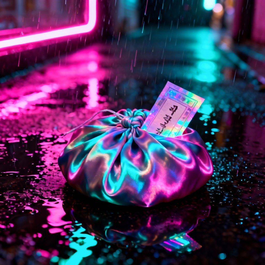 AI neon cyberpunk bokjumeoni with holographic blessing