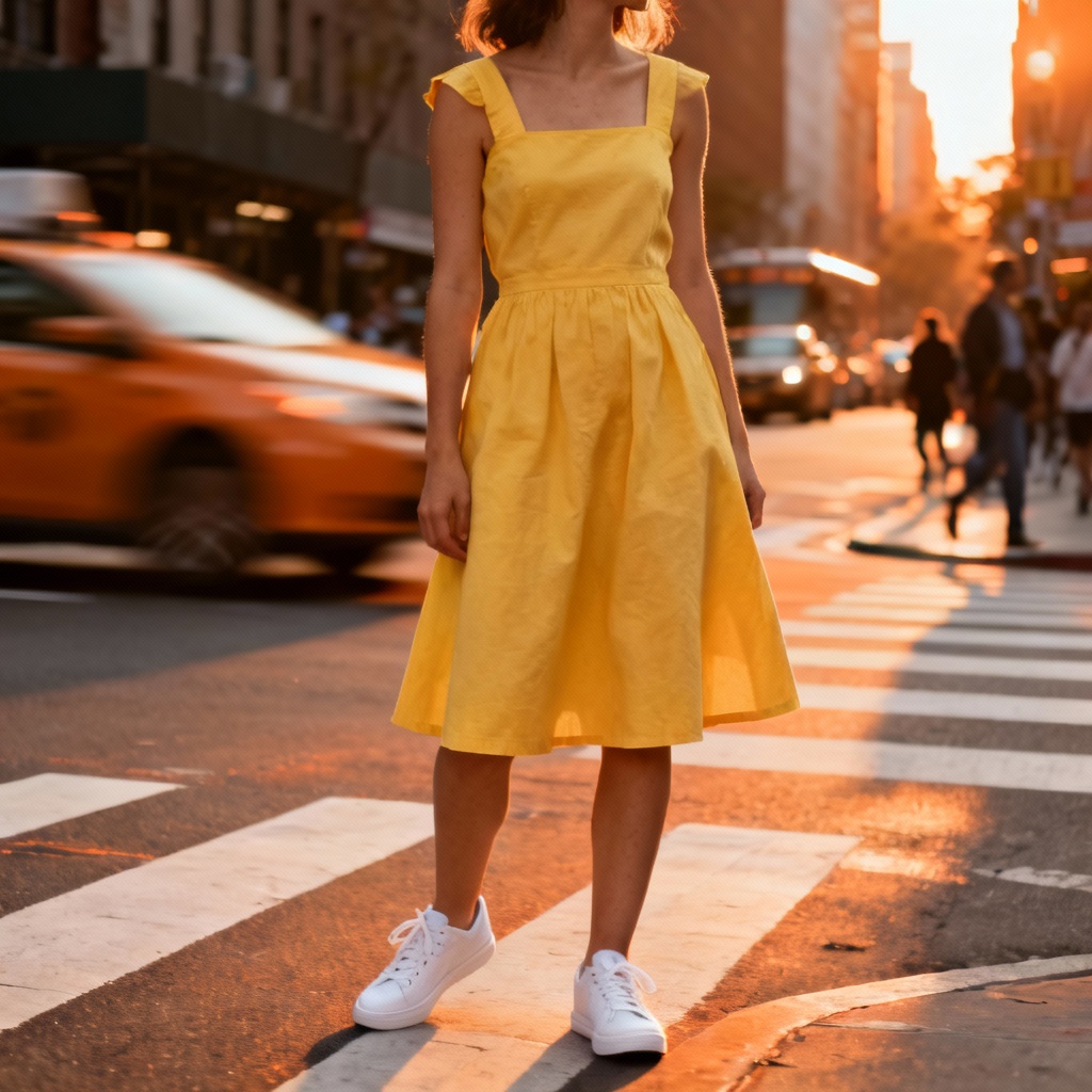 AI yellow cotton sundress street style look