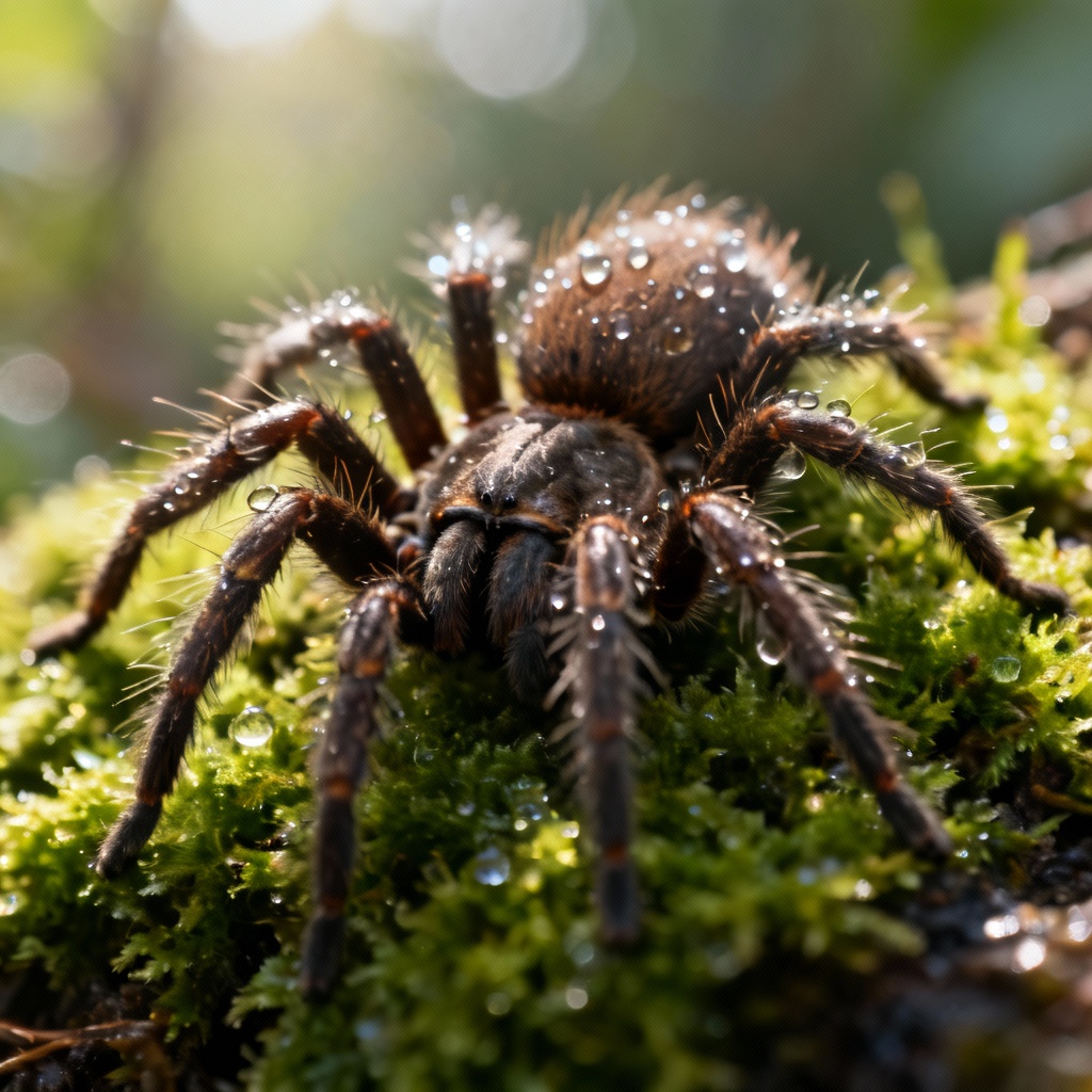 AI-generated photorealistic tarantula on moss macro shot
