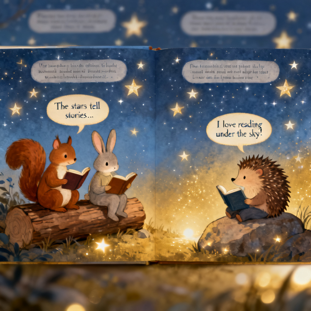 AI bedtime animal fable cartoon book spread under stars
