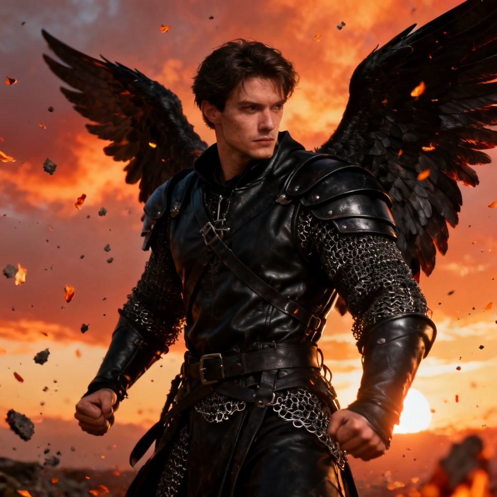 AI realistic black warrior archangel with fiery sky
