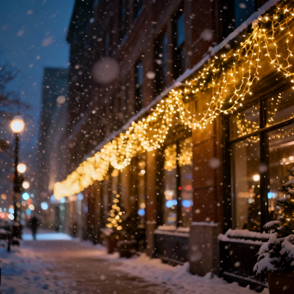 AI holiday effects sample with snow overlay and warm string lights