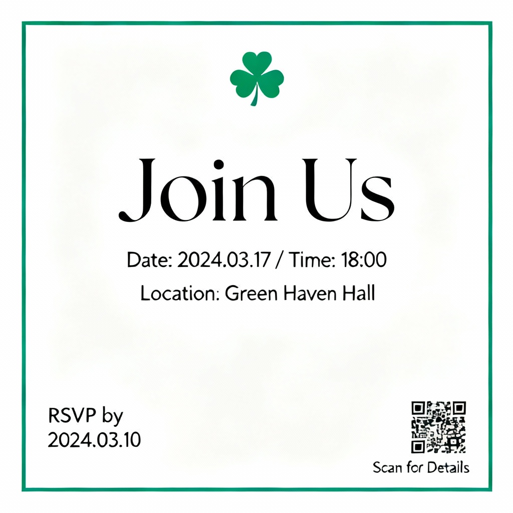 AI minimalist St Patrick's Day invitation with clover border