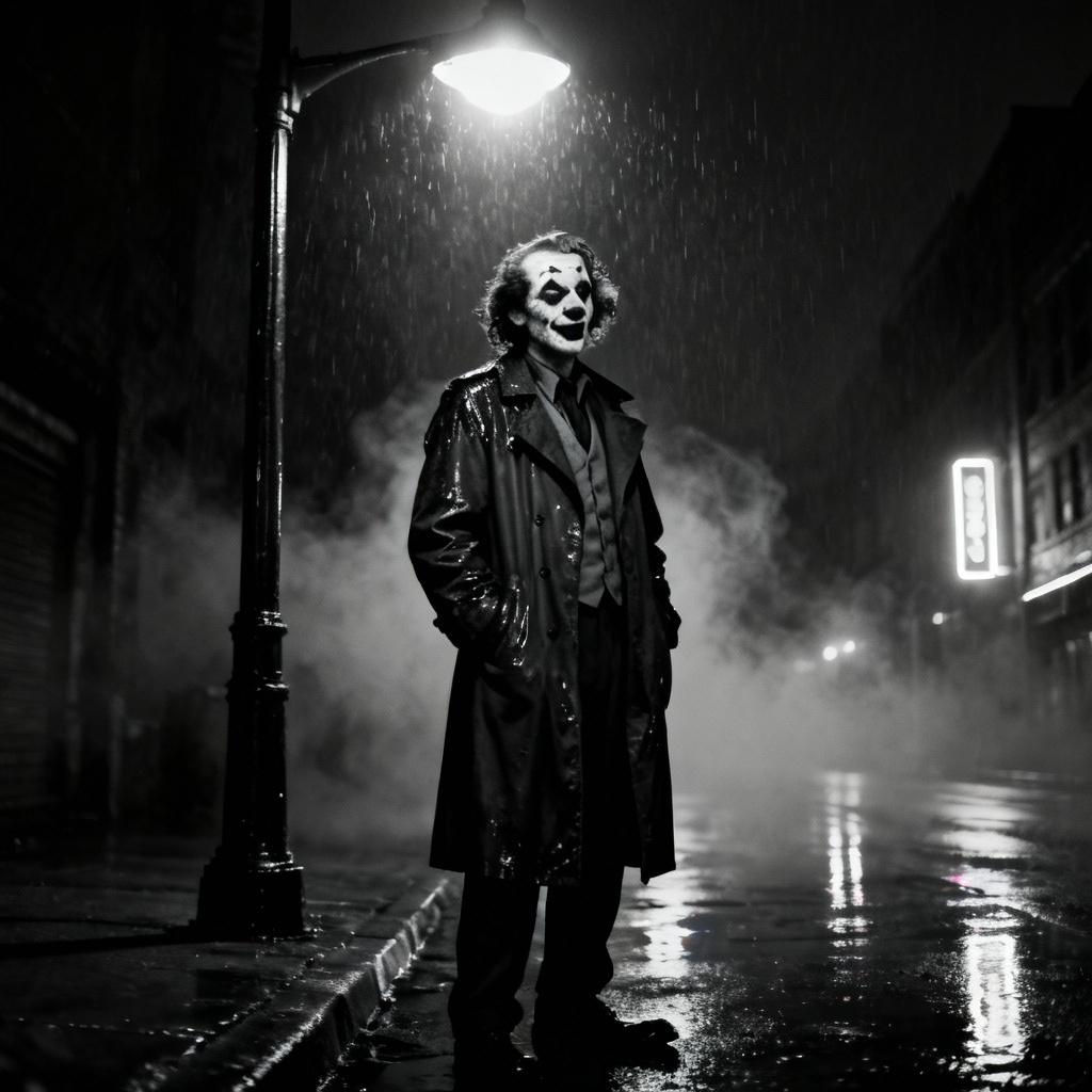 AI noir street clown scene