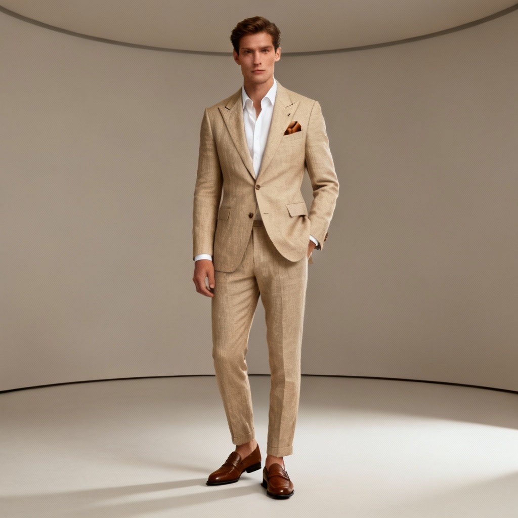 AI model wearing a beige suit in a studio for virtual try-on
