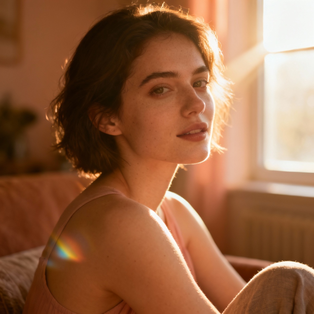 AI golden hour girl selfie with window light and warm tones