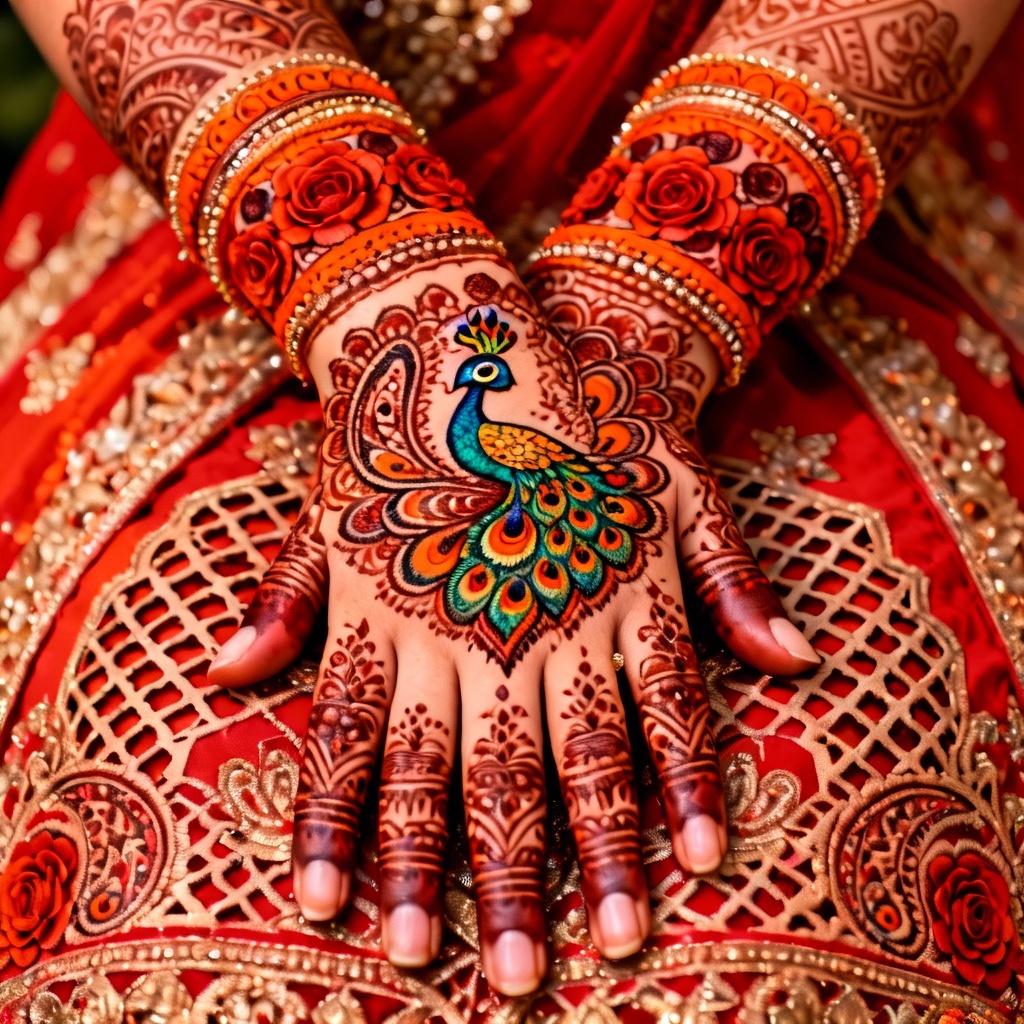 Full bridal peacock mehndi sleeve from palm to forearm