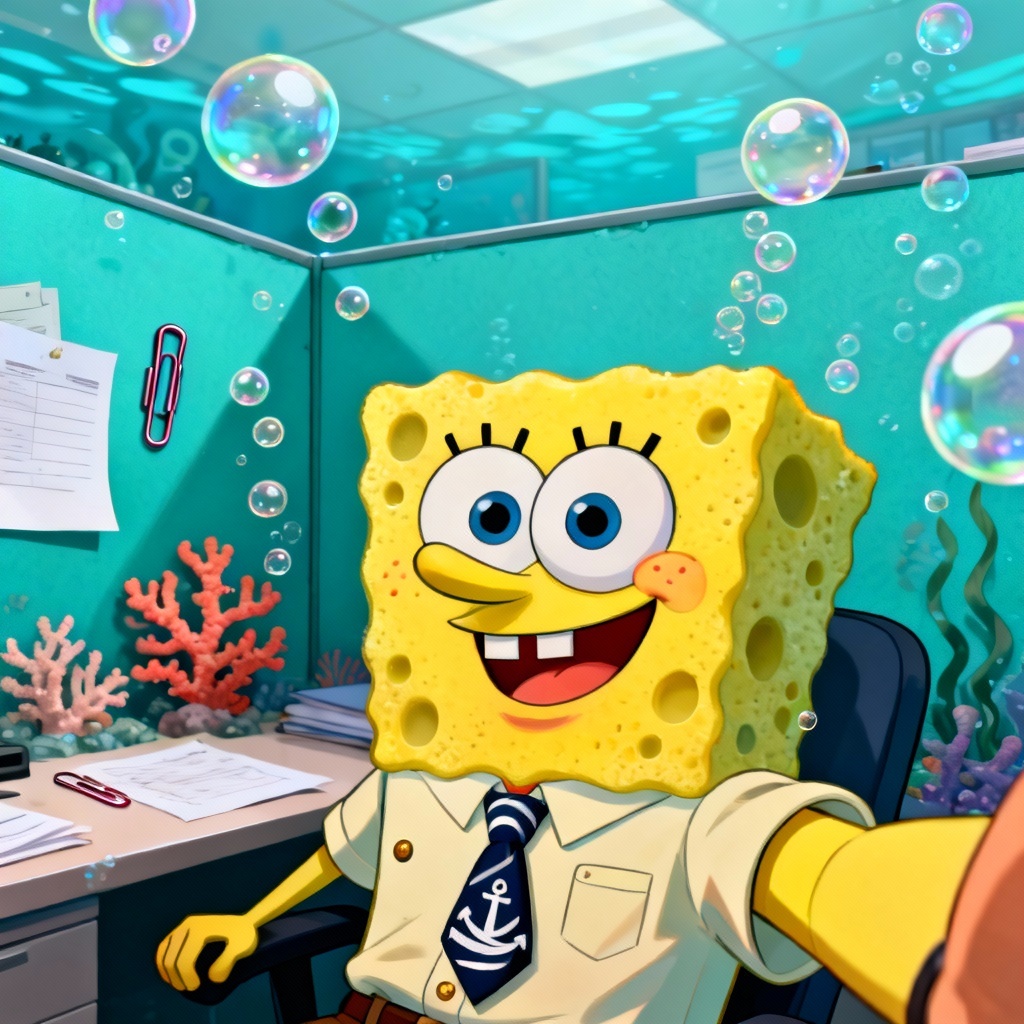 AI Spongebob style office portrait with undersea cubicle vibe