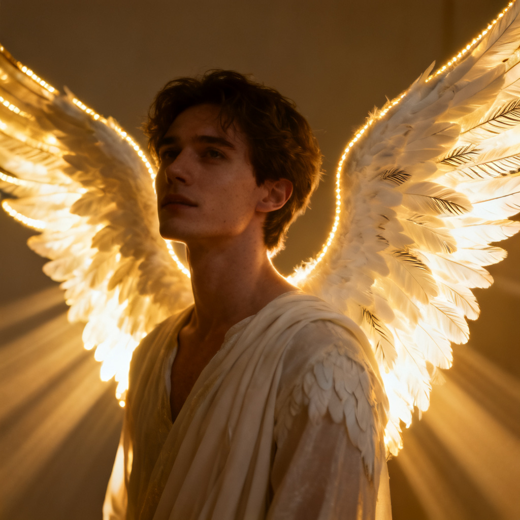 AI angel wings portrait with luminous white feathers
