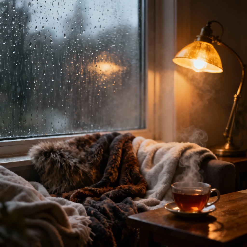 AI cozy window nook with rain and warm lighting