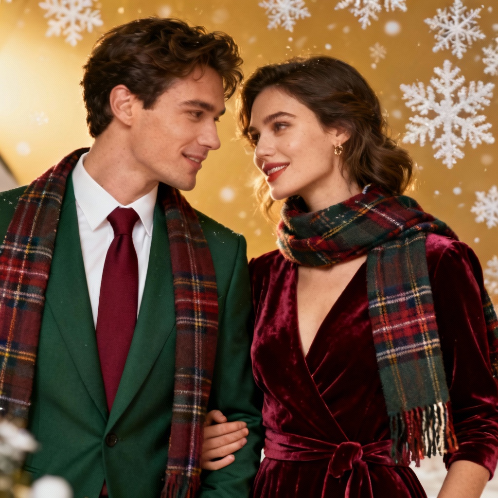 AI couples Christmas outfits coordinated in green and burgundy
