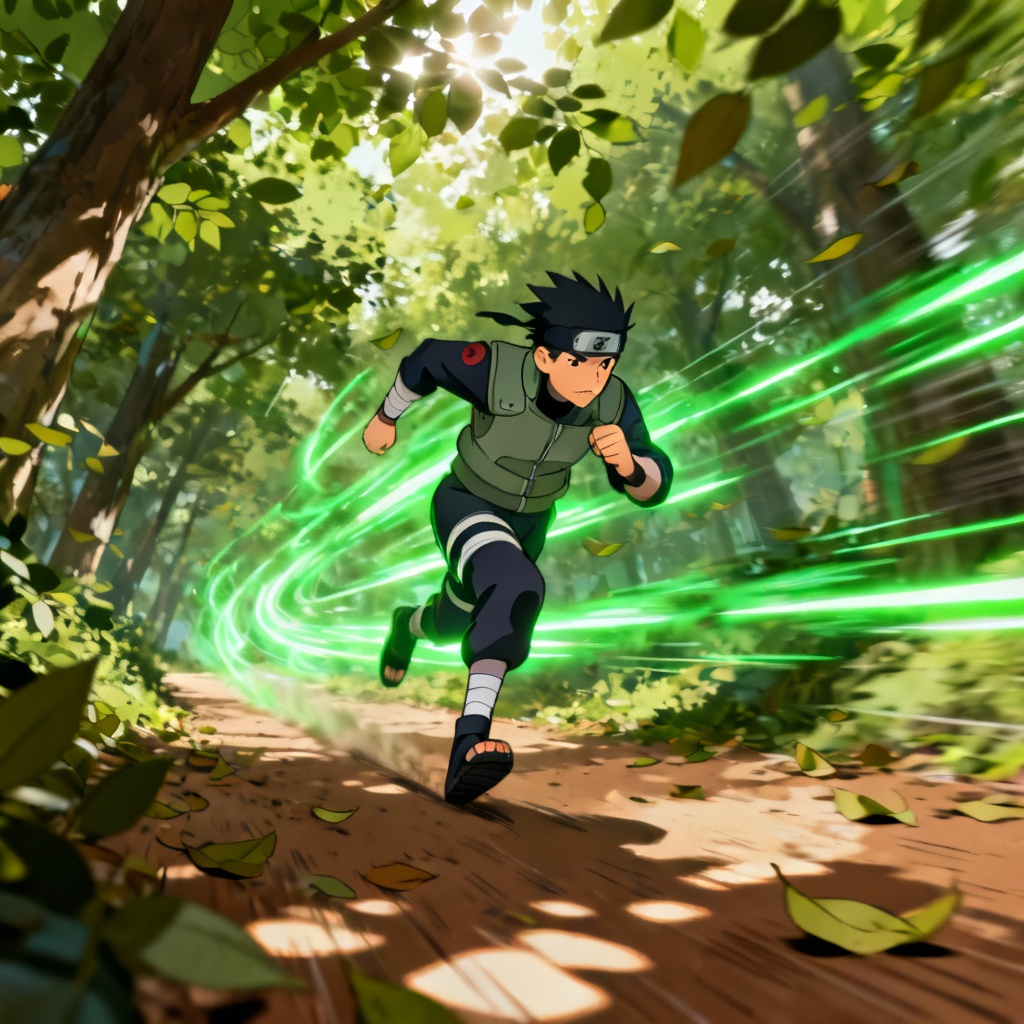 Ninja sprinting through forest with speed lines