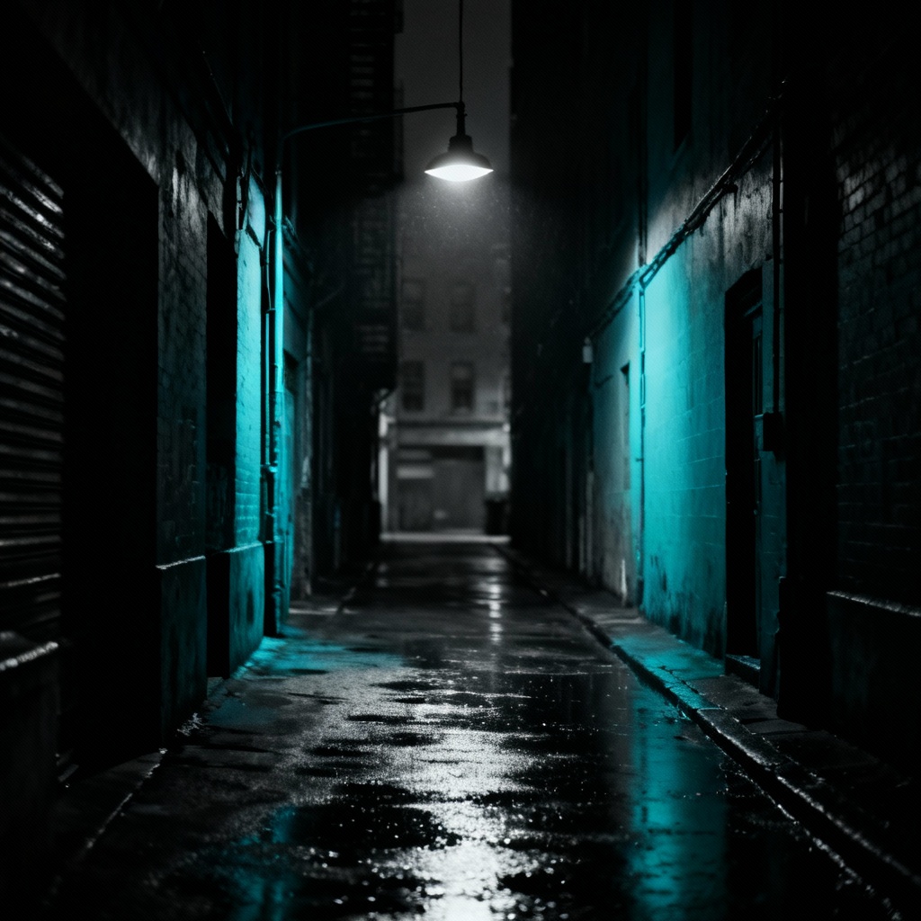 Noir alley with wet pavement and reflective lights