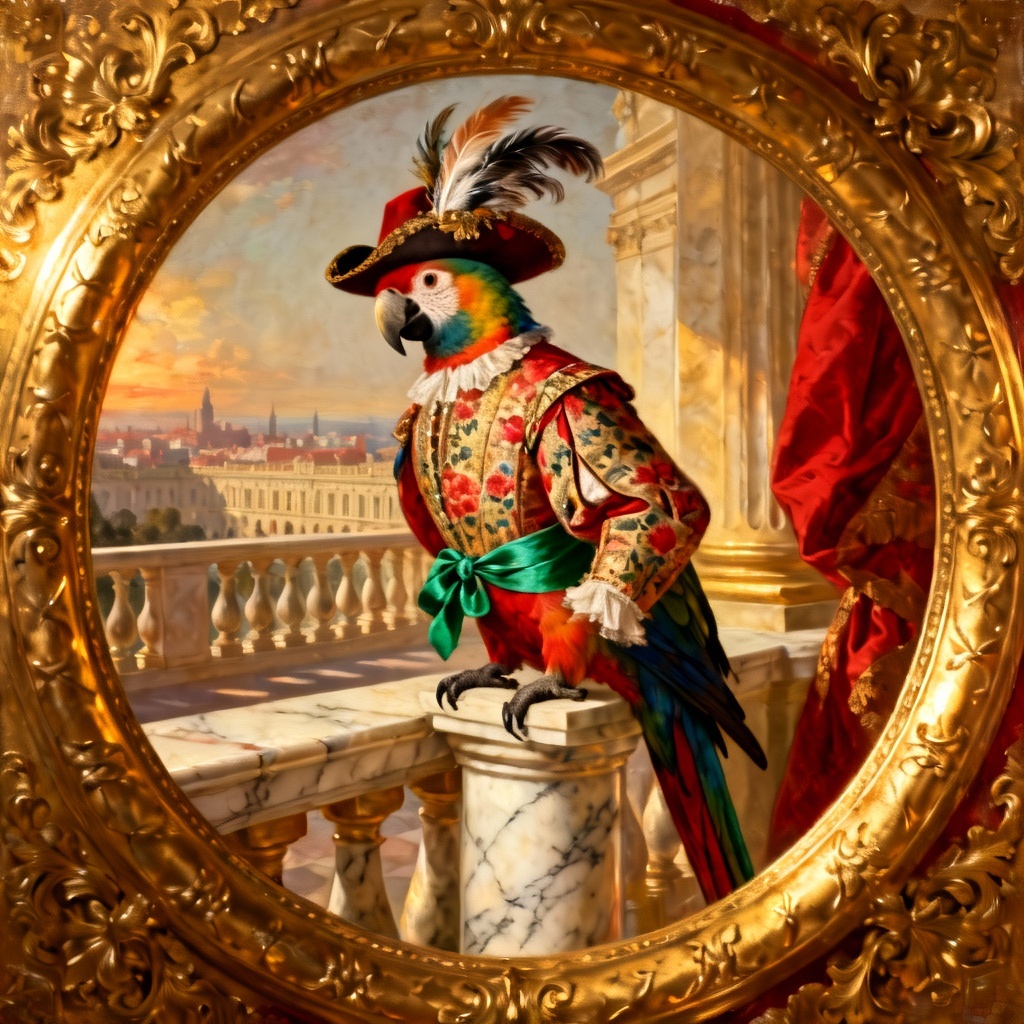 AI regal parrot portrait with baroque attire and palace backdrop