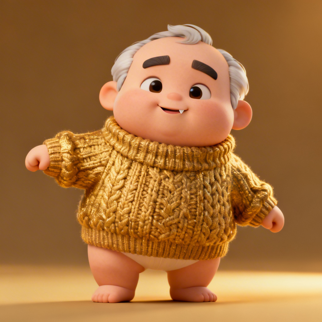 3D cartoon baby-grandpa mascot with sweater