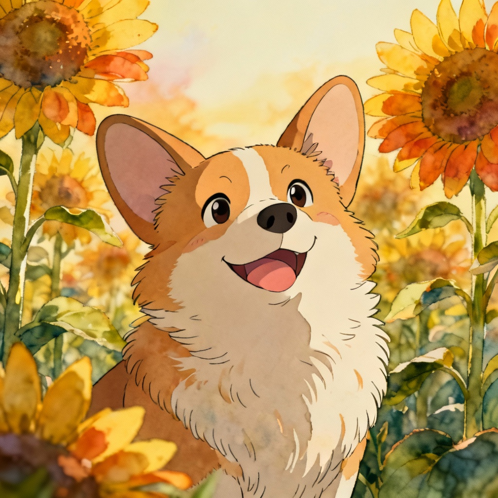 AI Ghibli corgi portrait in a sunflower field